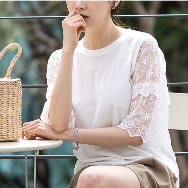 

6sco6 футболка женской 2020 летом новый корейская футболка кружева рукав короткий рукав 5 4 шнурка свободно моды пригородного f7j8d мода, White