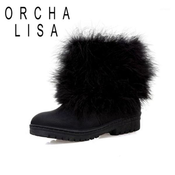 

orcha lisa woman winter warm mid calf ankle boots round toe square heel slip on platforms fur big size 34-46 casual party a27781, Black