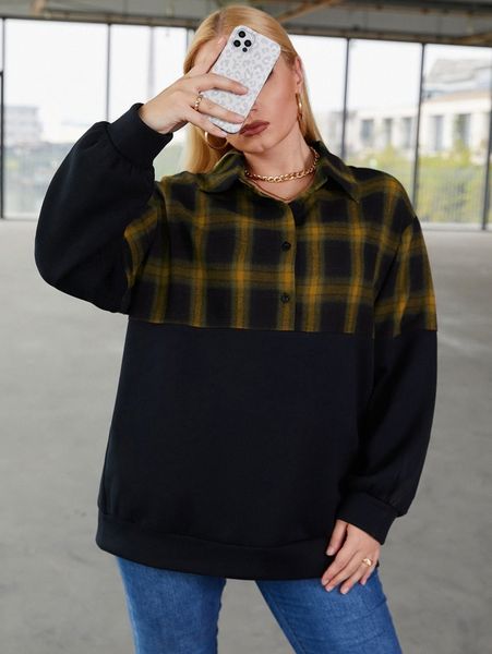 

plus plaid print drop shoulder polo neck sweatshirt n3vr#, Black