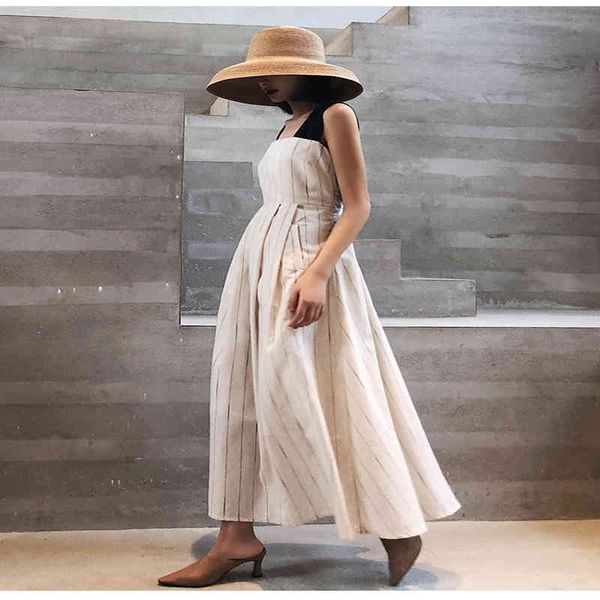 

casual dresses women sleeveless strap linen mid-calf dress summer striped female sundress vestido no82, Black;gray