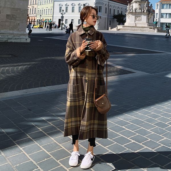 

2021 new women's wool jacket autumn/winter new korean style long thick lapel loose single breasted coat p2 uck5, Black