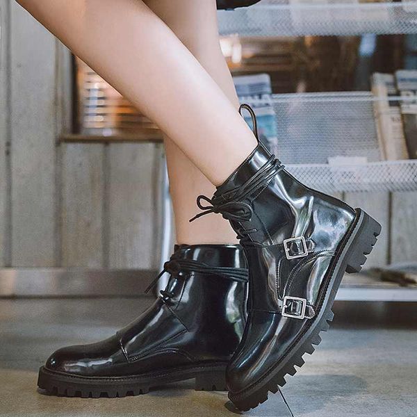 

motorcycle boots women's new winter shoes cow leather lace up round toe keep warm punk ankle boots botas mujer, Black