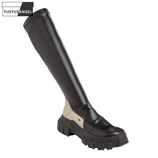 

women shoes knee high boots designer mixed colors luxury platform sneakers pleated elastic long boots slip-on motorcycle, Black