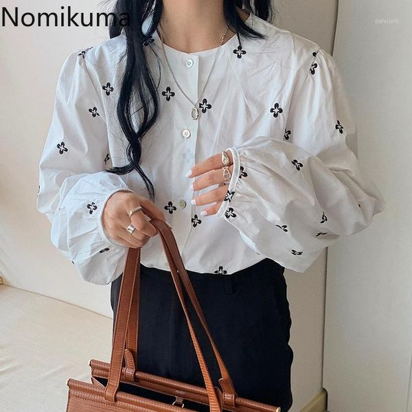 

nomikuma korean floral embroidery women shirts causal o-neck puff long sleeve blusas 2020 autumn single breasted blouse 6c8931, White