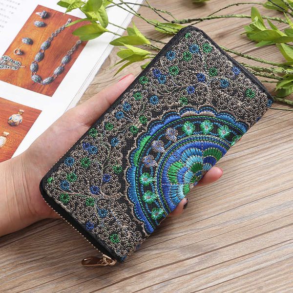 

ethnic embroidery flower zipper clutch wallet handbag women long purse bank coin pocket credit card holder cover bag xb221, Red;black