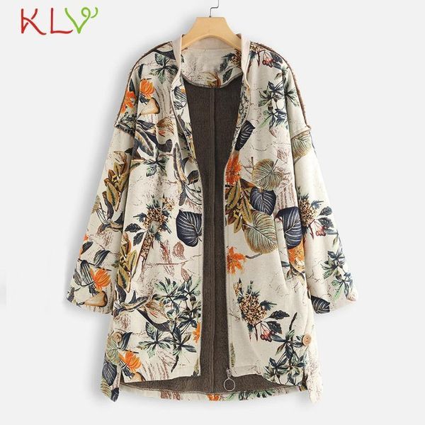 

women jacket vintage floral print plush long coat winter warm zipper casual windbreaker plus size 2020 overwear jackets 5xl 19ag1, Black;brown
