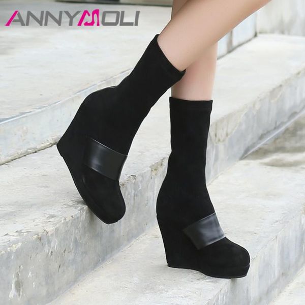 

annymoli natural genuine leather bootsmid calf boots winter shoes women high heel kid suede platform wedge boots footwear black