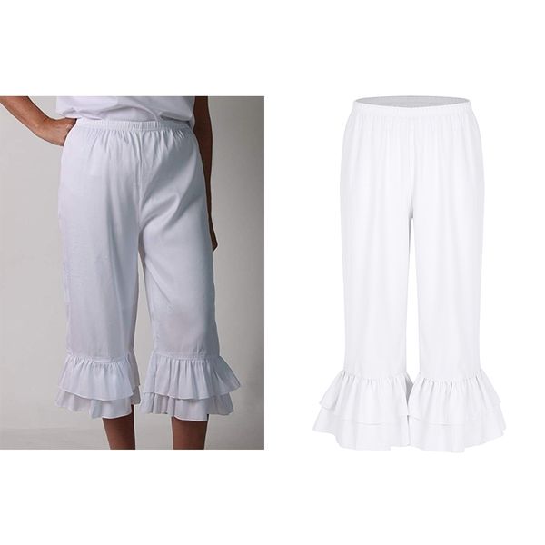 

tiaobug ladies retro vintage elastic waist ruffles hem pantaloons bloomers victorian era costume women loose flare pants y200418, Black;white