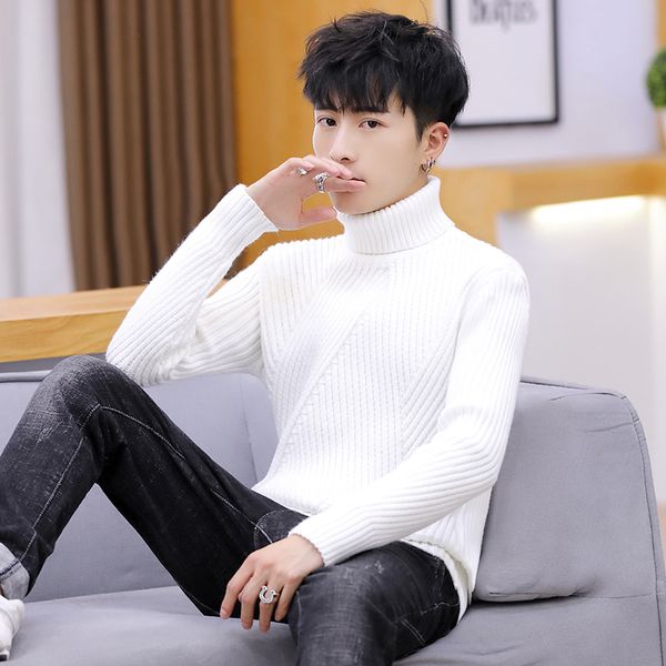 

selling handsome trend korean turtleneck sweater solid color warm slim men 201203, White;black