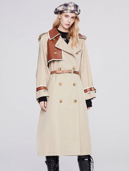 

jazzevar double breasted contrast panel belted trench coat t2og#, Tan;black