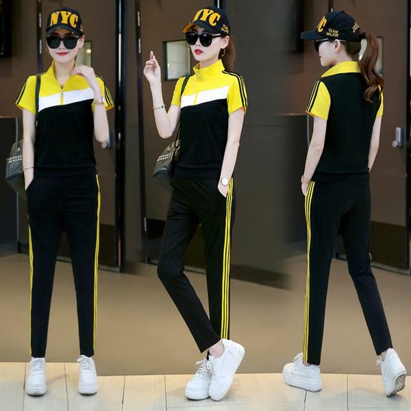 

спортивный костюм женщины 2020 новой весна и осенью рыхлая мода бренд иностранного стиль летом короткий рукав досуг лето два-piecesports т, Gray