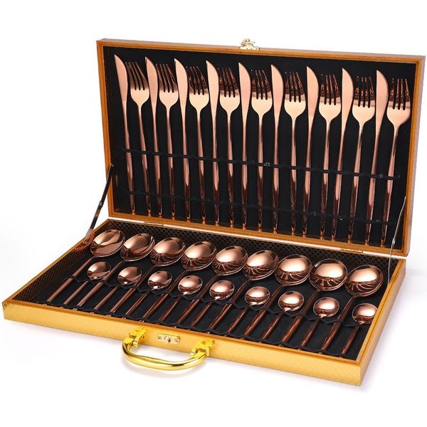 24 pezzi d'oro Cutleri Forchetta Cucchiaio Coltello Posate d'oro in acciaio inox Aristocratico di lusso Specular Light Luxury Home Dinnerwar Set 201128