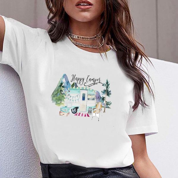 

women clothes print happy camper travel print summer tshirt printed women shirt t female t-shirt casual woman tee, White