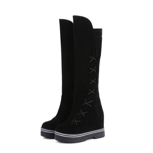 

boots round head, low heel, square high boots, side zipper, warm women's, Black