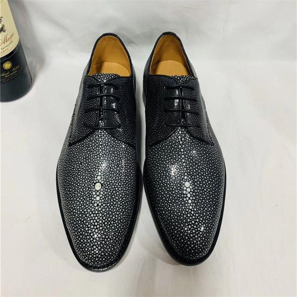 

fancy designer authentic skate stingray sand skin businessmen dress shoes genuine cow leather insole male lace-up oxfords shoes, Black
