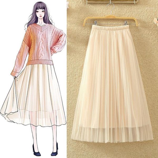 

skirts female joker of new fund of 2019 autumn winters is the fairy long pleated skirt son show thin elastic waist veil1, Black