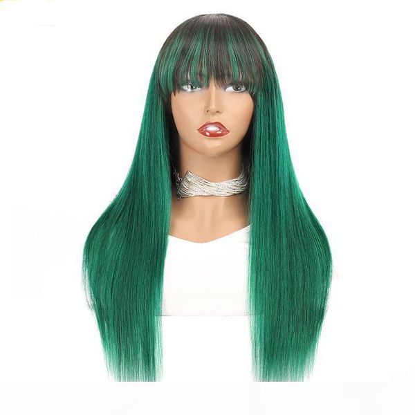 

colored human hair wig 1b green silky straight brazilian remy glueless ombre wigs with bangs for black women pre plucked non lace wig, Black;brown