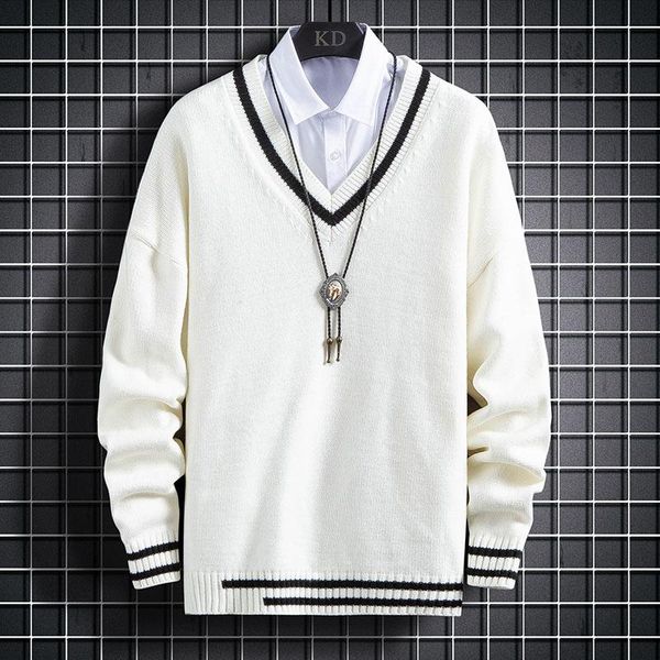 

men's sweaters 2021 fall winter cotton sweater men fashion thick v-neck pullover keep warm pull homme mens christmas jumper, White;black