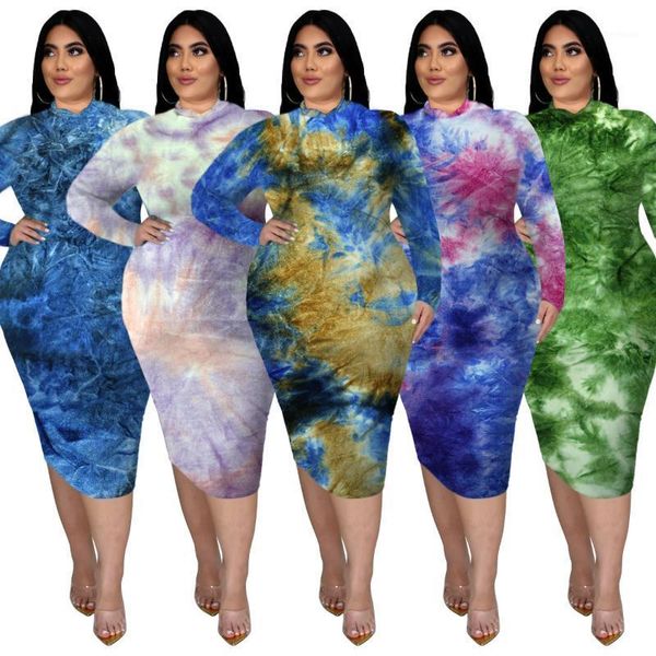 

fall long sleeve o-neck tie dye casual and calf tight bag hips plus size dresses elegant for women wholesale dropshipping1, Black;gray