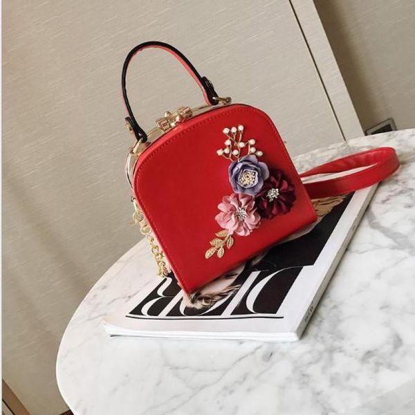

new hit color double lock clip flower pearl chain small square package hand bag leather with iron patchwork shoulder bag b253
