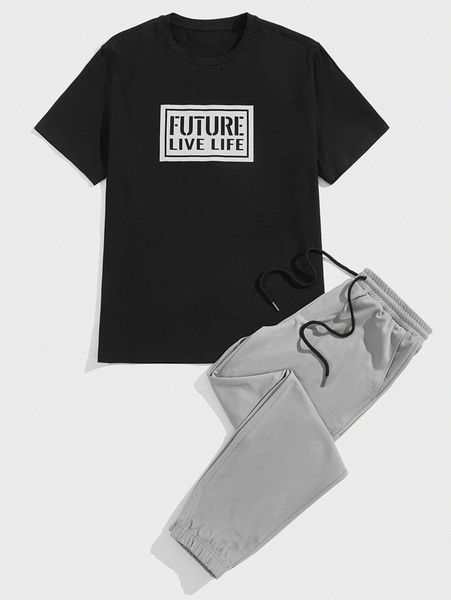 

men letter graphic tee & drawstring waist sweatpants h1jm#, Gray
