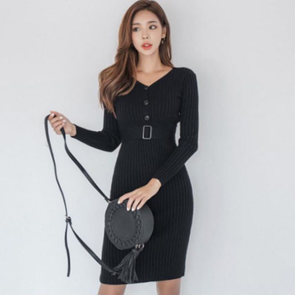 

women's sweaters autumn v-neck black knitting cloth bodycon sheath long sleeved midi high waist sweater dress, White;black