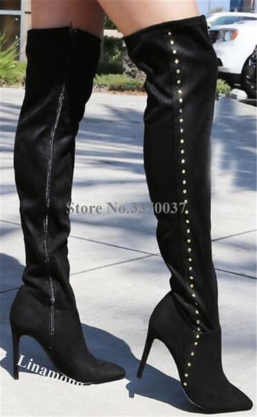 

boots linamong western style pointed toe suede leather over knee stiletto heel rivet side zipper-up long high heels, Black