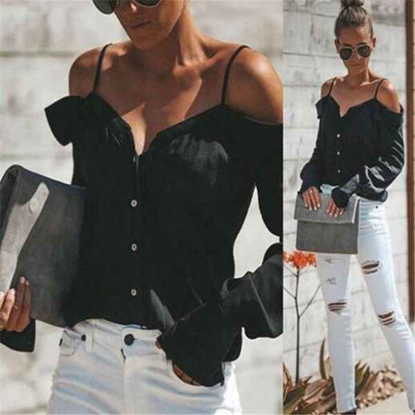 

women chiffon blouse shirts women off shoulder v-neck long sleeves loose blouse shirt cold shoulder sling shirt women, White