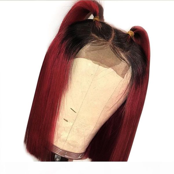 

1b 99j lace front human hair wigs ombre pre plucted brazilian virgin full lace short bob cut wigs black women with baby hair, Black;brown