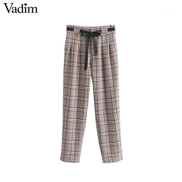 

vadim women plaid harem pants bow tie sashes paperbag waist pockets pleated ladies casual chic trousers pantalones ka3541, Black;white