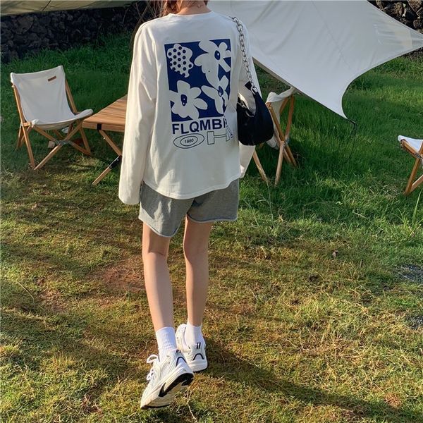 

with enjuna1709 autumn foreign style loose fashion printed on the back of medium length versatile long sleeve t-shirt opcoat l0w, White