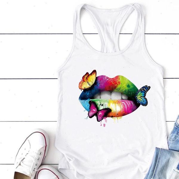 

multicolored lips butterflies printed tank women sleeveless summer for women crew neck ladies plus size ropa mujer, White