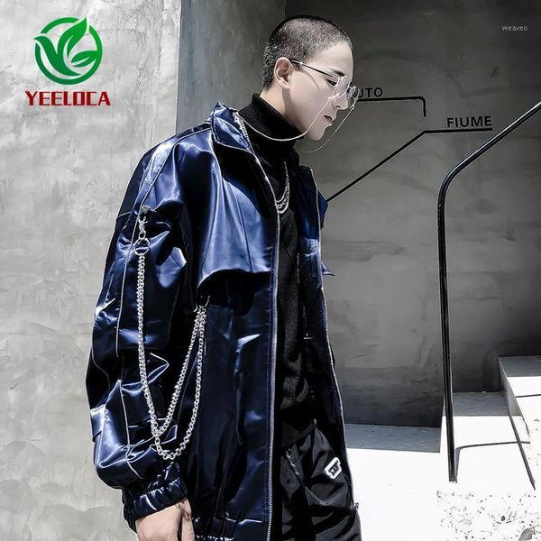 

2019 autumn rock nightclub 3m reflective jacket coat men hip hop high street cardigan leather shirt laser glossy1, Black;brown
