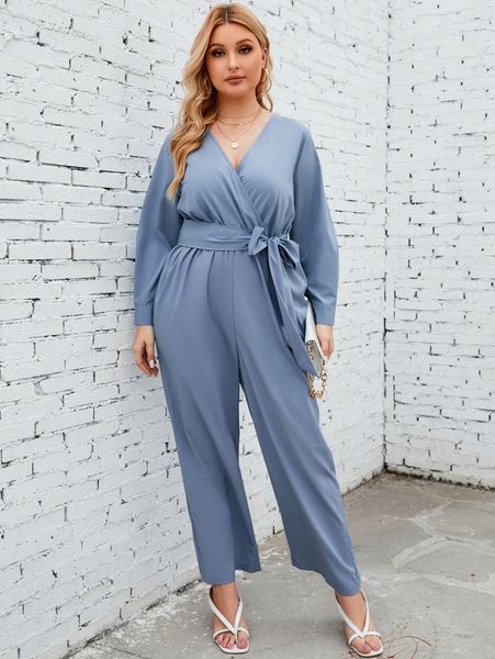 

plus overlap collar belted jumpsuit w3pw#, Black