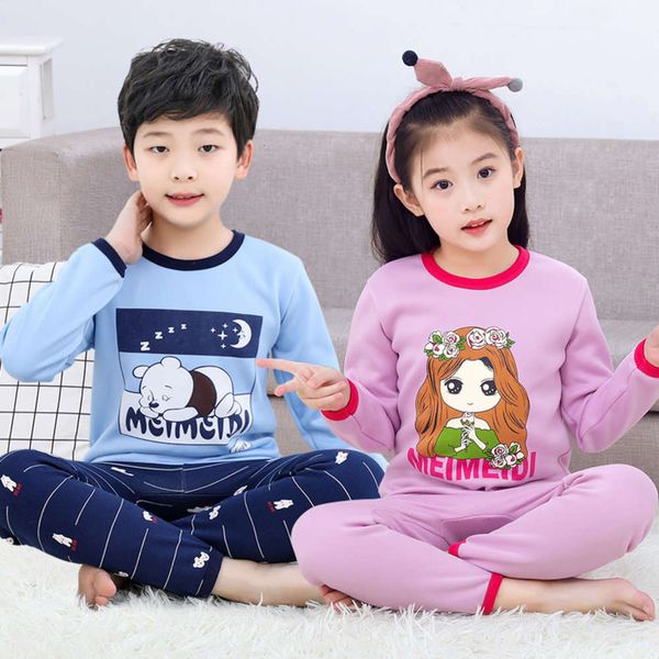 

autumn winter plush thickened boys' and girls' pajamas children's warm underwear set, Blue;red
