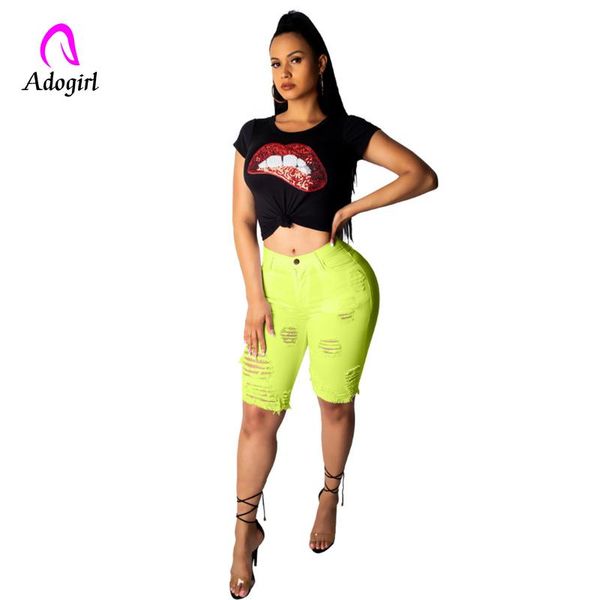 

white shredded high waist jeans ripped jeans for women 2020 summer high street casual short pencil pant waisted short, Blue