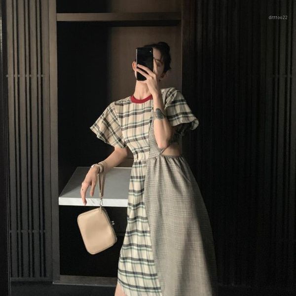 

casual dresses vintage women dress plaid patchwork waist knee-high platycodon grandiflorum 21091, Black;gray