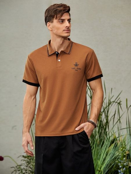 

men bee & letter graphic striped trim polo shirt s9nh#, White;black