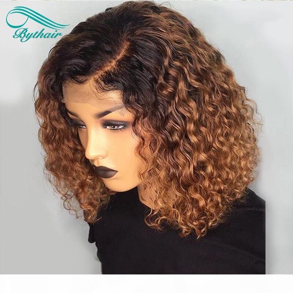 

bythair short bob curly lace front wig two tone ombre color human hair full lace wigs for women pre plucked natural hairline, Black;brown
