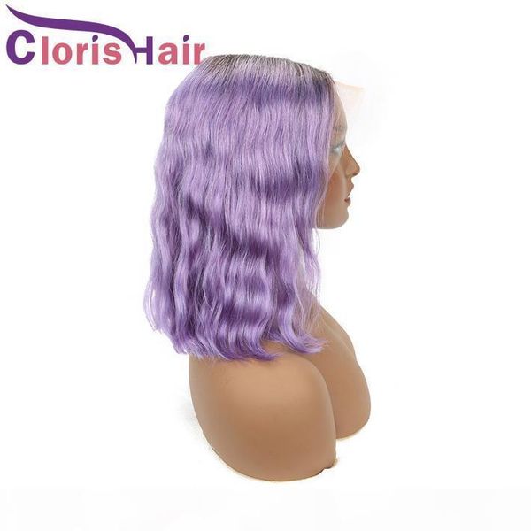 

rose purple wavy ombre human hair lace front wig pixie cut malaysian remy glueless bob wigs for black women 13x4 body wave colored short wig, Black;brown