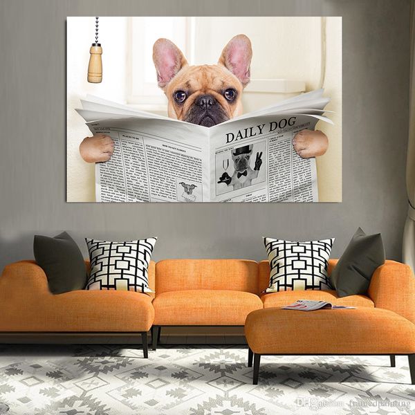 

funny dog animals toilet newspaper bathroom decoration kitchen decor pug poster nordic bulldog painting wall art paint cuadros