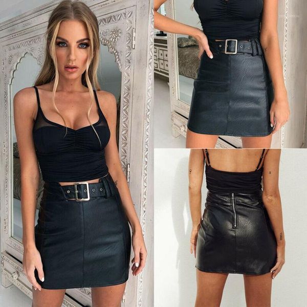 

women pu leather high waist pencil bodycon midi skirt party winter skirts ladies sashes charm bodycon short mini skirt1, Black
