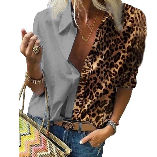 

plus size leopard stitching shirt loose casual long sleeve autumn low-cut turn down collar women shirts street blouse, White