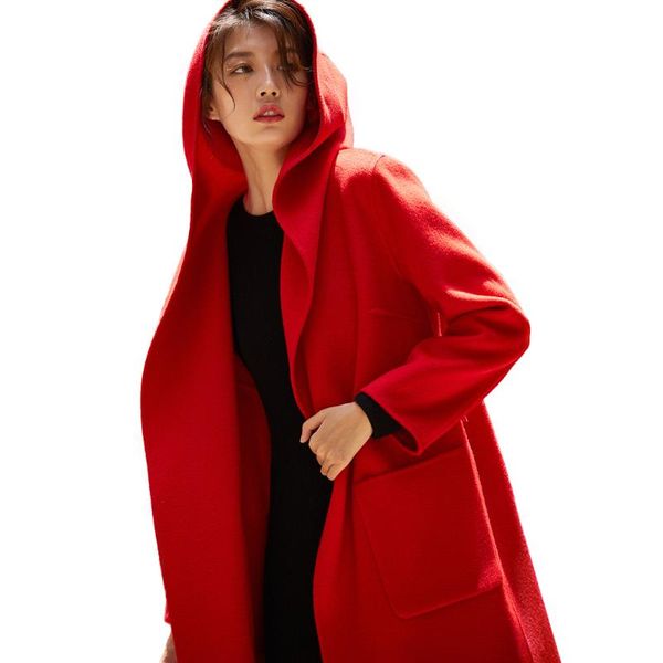 

women's wool & blends women winter coat 2021 elegant warm long hooded korean style fashion office red cashmere, Black