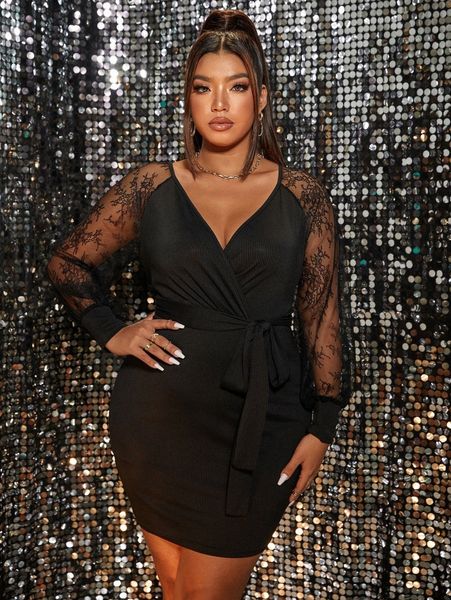 

plus contrast lace surplice front belted bodycon dress 61lq#, Black