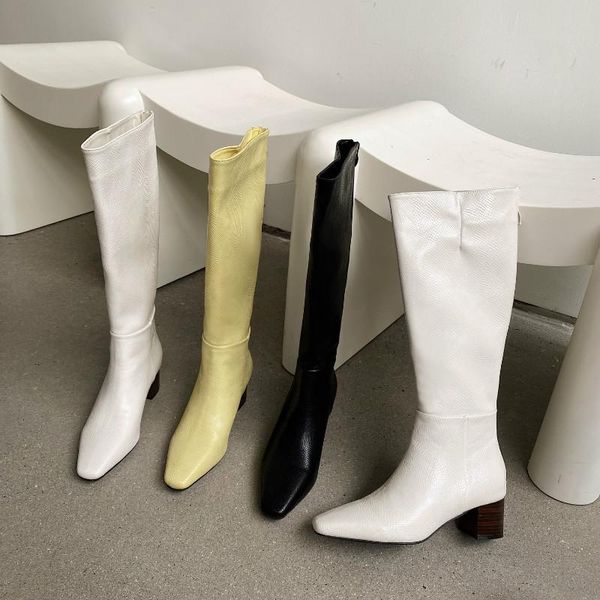 

dxfan animal pattern knee boots women wood heel solid riding boots women square toe designer winter shoes, Black