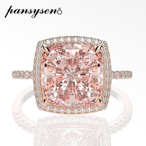 

pansysen 10mm square morganite gemstone rings for women solid 925 sterling silver sparking cocktail ring wedding fine jewelry 201006, Golden;silver