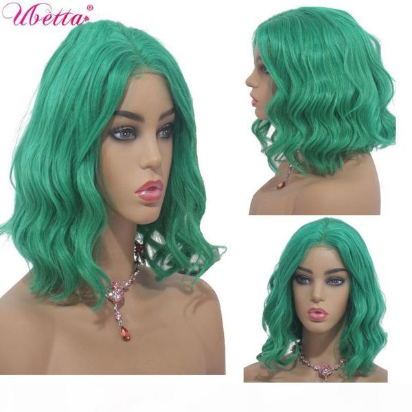 

ubetta 100% real hair wigs highlight green short 13x4 bob lace wigs body wave pre plucked human hair with baby lace wig, Black;brown