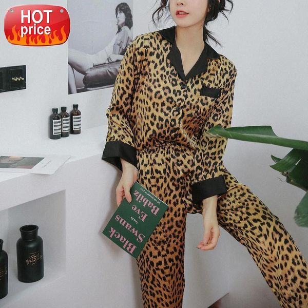 

leopard print pajama set women spring autumn long sleeve comfortable lingerie nightwear pants plus size home loungewear #s99p, Black;white