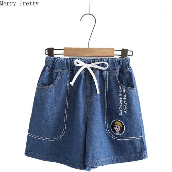 

cartoon embroidery high waist denim shorts with pockets elastic waist straight loose shorts summer vintage short jeans pants1, Blue